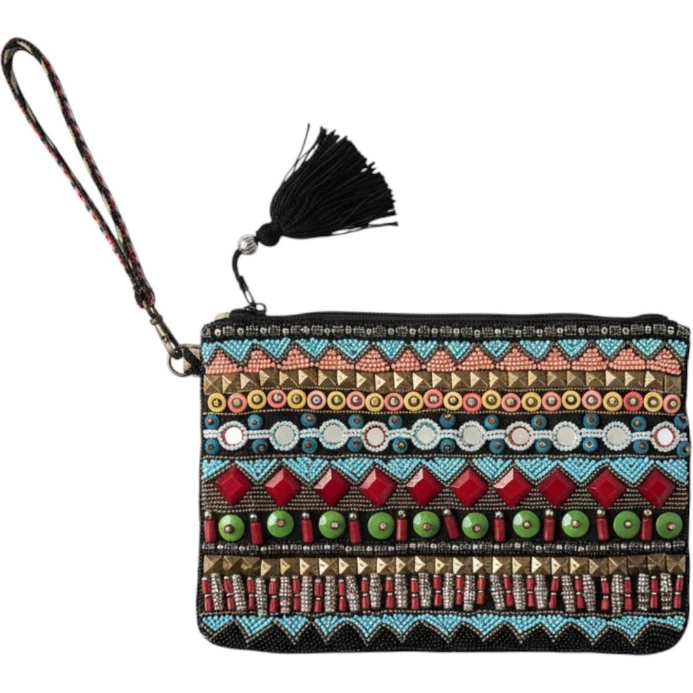 Big Buddha Beaded Mirror Tassel Wristlet Clutch Multicolor Chevron Bag